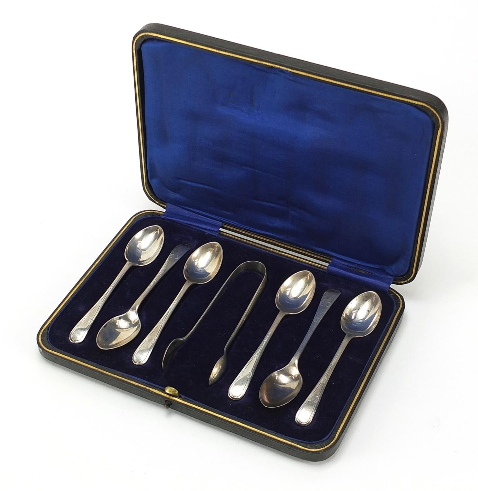 W S Savage & Co, set of six silver teaspoons and sugar tongs housed in a fitted case, Sheffield