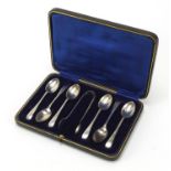 W S Savage & Co, set of six silver teaspoons and sugar tongs housed in a fitted case, Sheffield