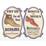 Two vintage lithographic Boots and Shoes Repaired advertising shop signs printed and sold by