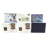 Commemorative covers and coins including Britannia two pound Silver Bullion coin and ten pound stamp
