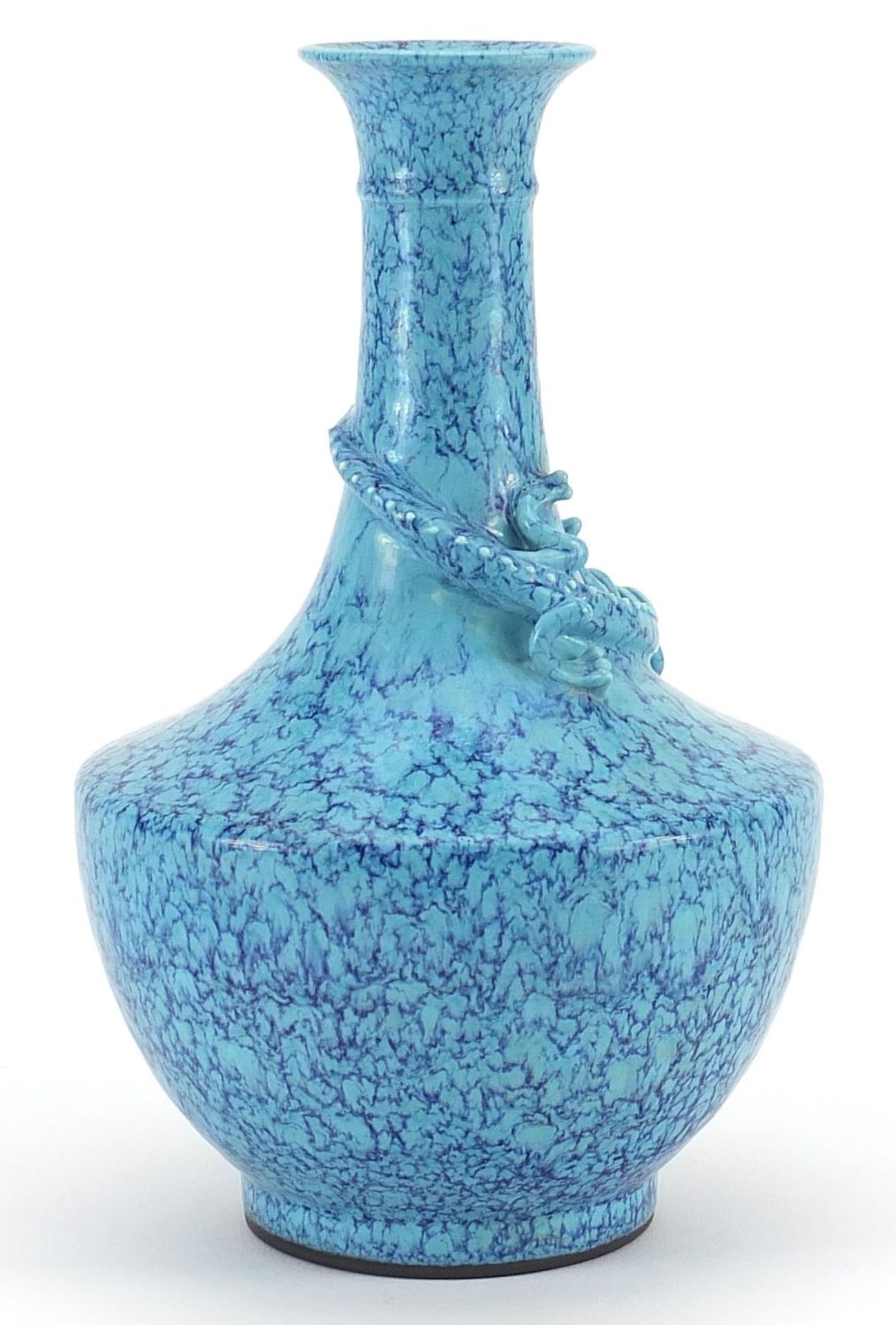 Chinese porcelain vase having a blue glaze decorated in relief with a water dragon, impressed six - Image 3 of 4