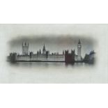 Darren Baker - Reflections of London, charcoal, mounted, framed and glazed, 24cm x 13cm excluding