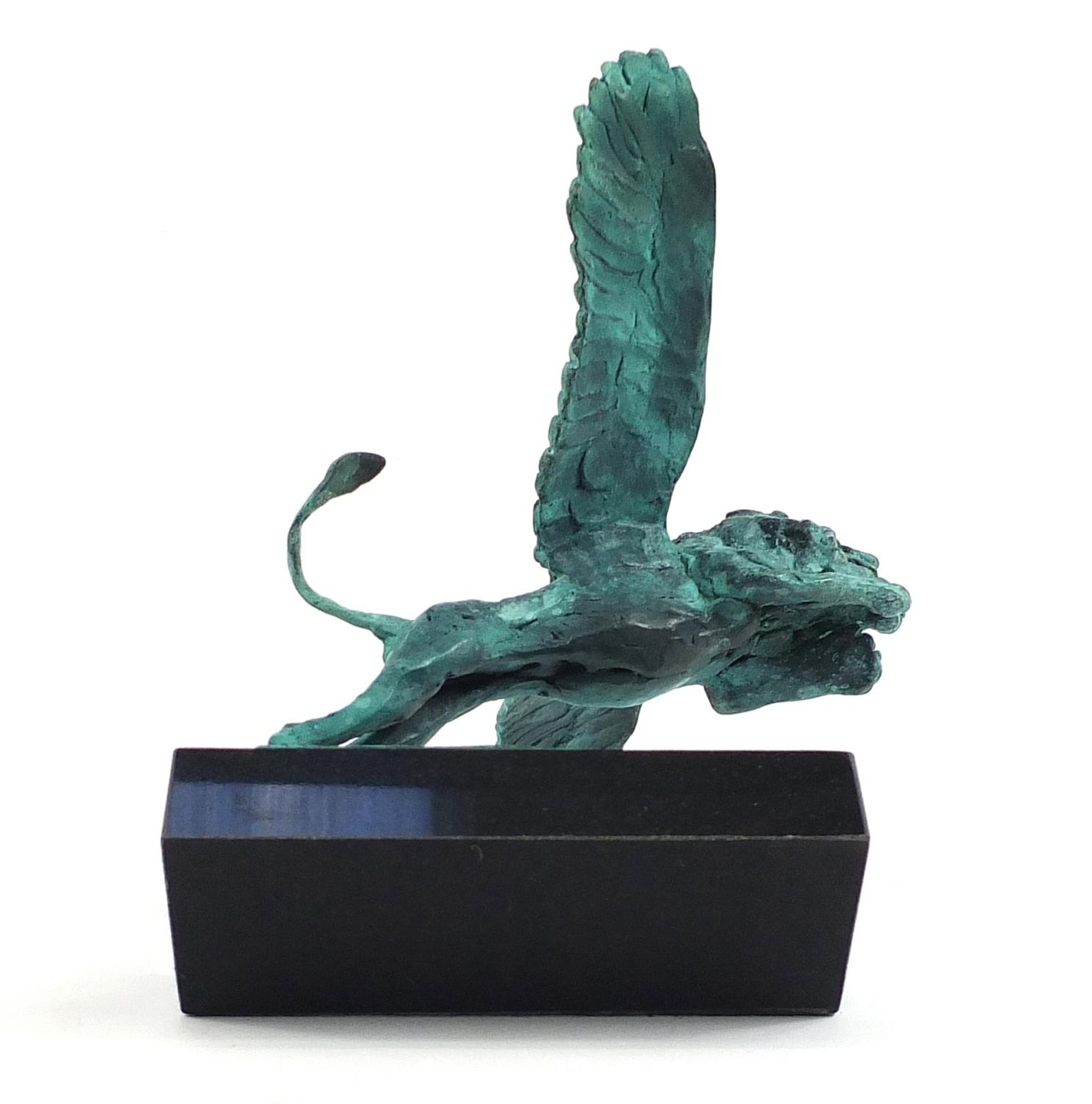 Mark Coreth for McArthur Glen group Verdigris bronze study of a winged lion raised on a - Image 4 of 5