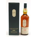 Bottle of Lagavulin Single Malt Scotch whiskey aged 16 years with box