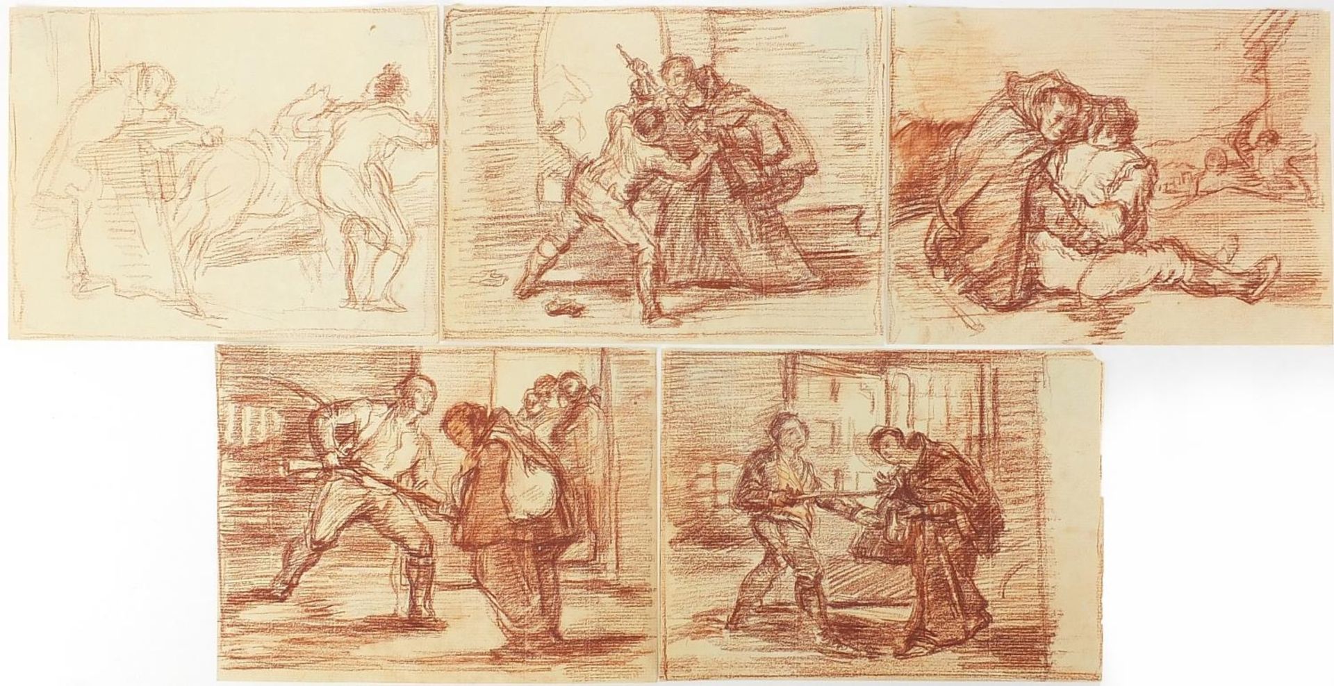 Soldiers and figures, five sanguine chalk drawings on paper, unframed, each approximately 19cm x