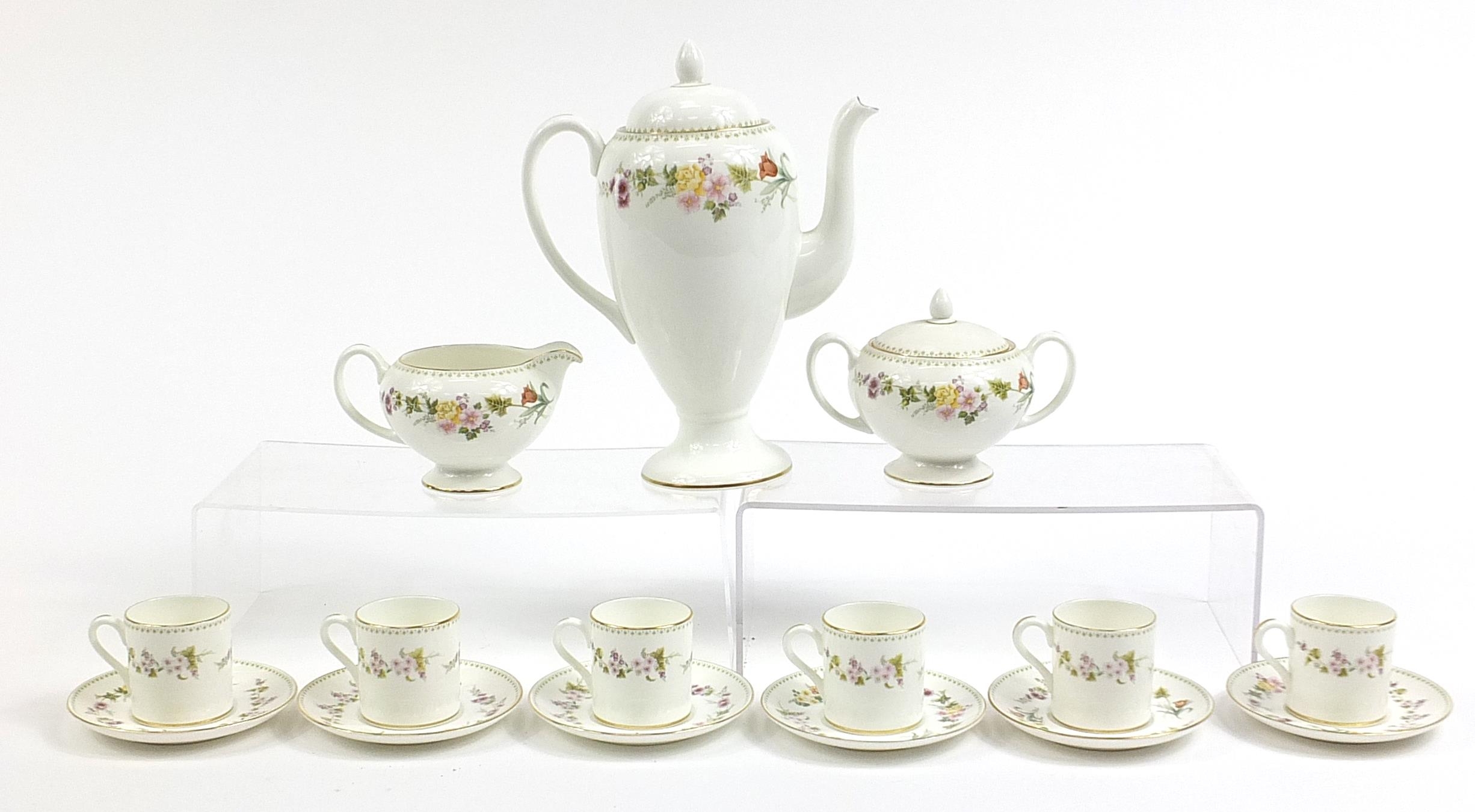 Wedgwood Mirabelle six place coffee service numbered R4537, the coffee pot 26cm high