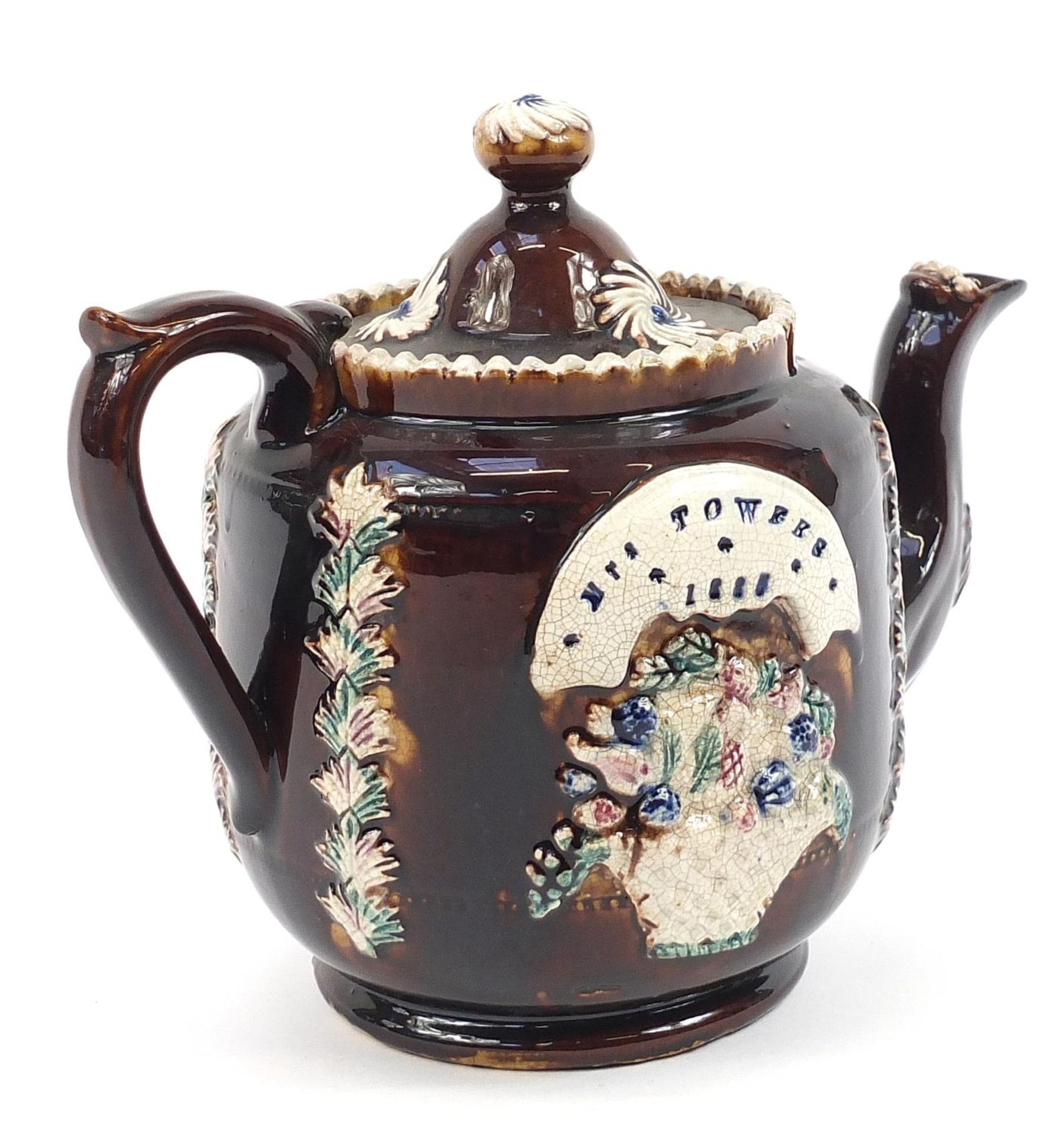 Measham treacle glazed Bargeware teapot inscribed Mrs Towers 1885, 17cm high - Image 2 of 3