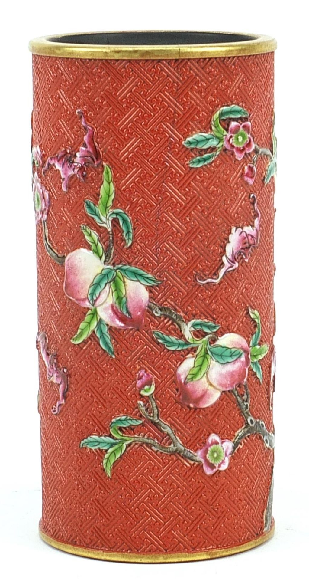 Chinese faux cinnabar lacquer porcelain vase hand painted in the famille rose palette with bats