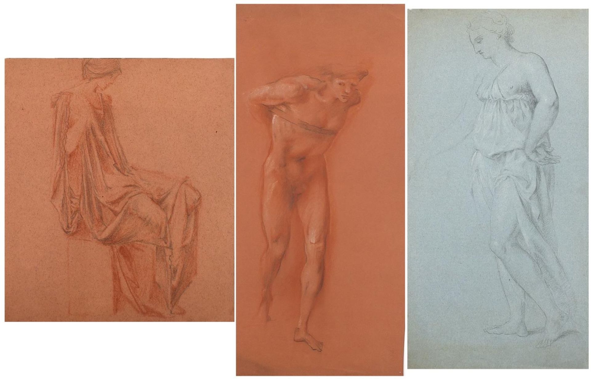 Figural studies, three pencil and chalk drawings on paper, one indistinctly inscribed Song of