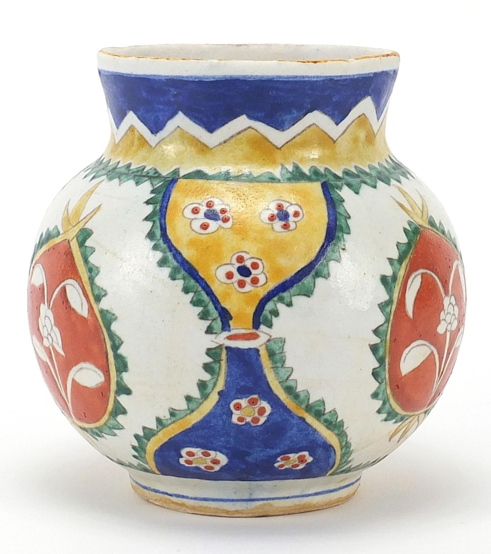 Turkish Kutahya pottery vase hand painted with flowers, 14.5cm high - Image 2 of 3