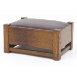 Art Deco oak stool with brown leather upholstery, 22cm H x 45cm W x 33cm D