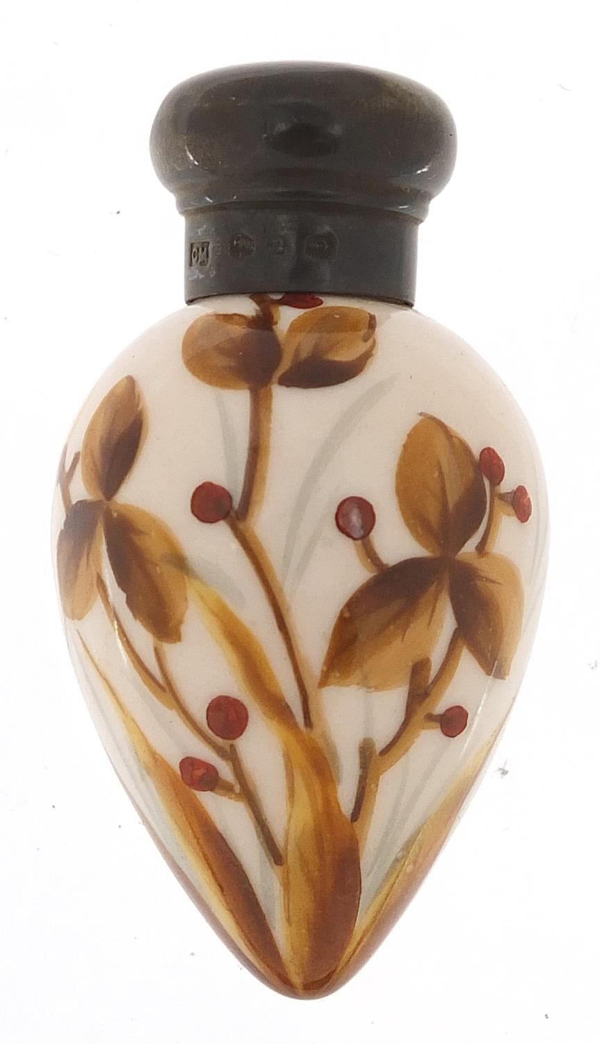 Victorian hand painted porcelain scent bottle with silver lid, C M Birmingham 1887, 6.5cm high - Image 2 of 4