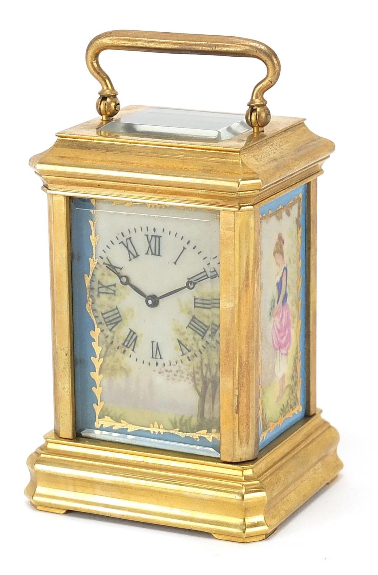Miniature brass cased carriage clock with Sevres style panels, 8cm high