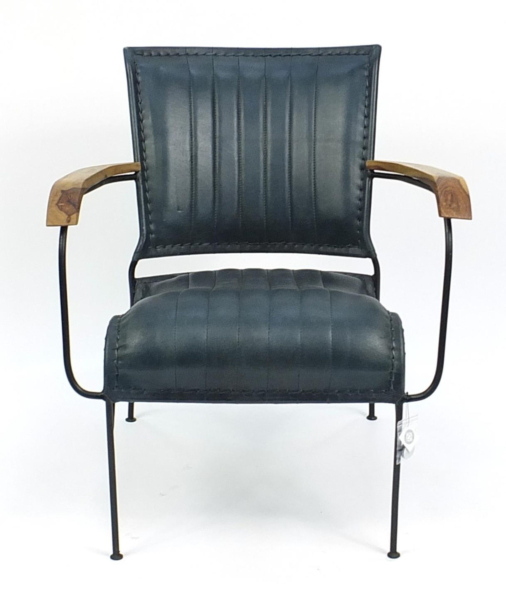 Industrial hardwood and leather design elbow chair, 75cm high - Image 2 of 3