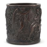 Classical patinated bronze vase decorated in relief with figures, 14cm high