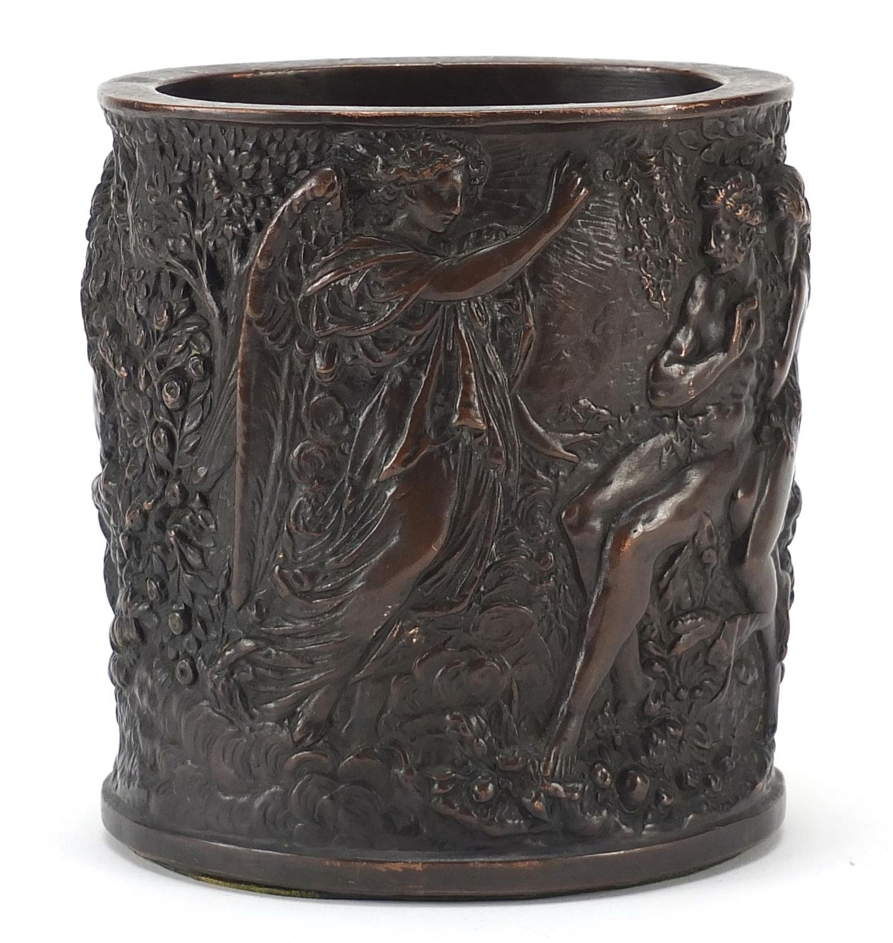 Classical patinated bronze vase decorated in relief with figures, 14cm high