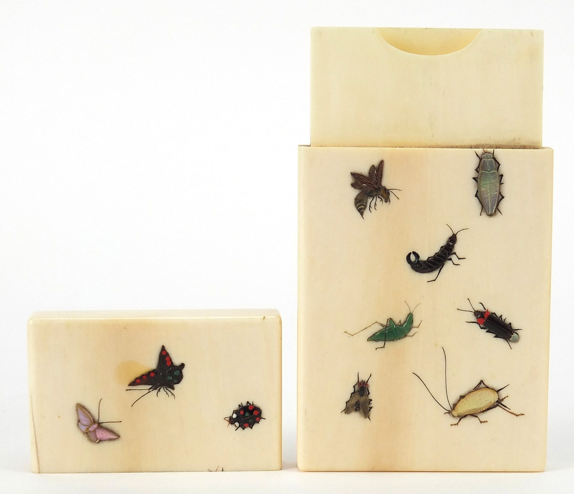 Japanese carved ivory shibayama card case inlaid with insects, 9cm high - Bild 3 aus 4