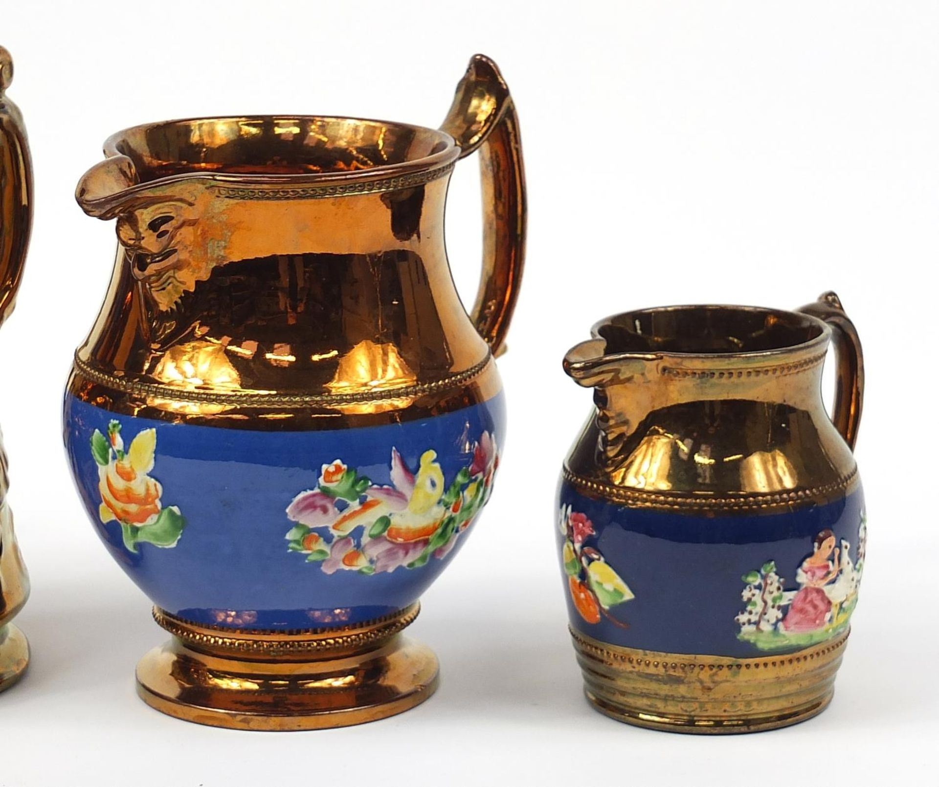 Five Victorian lustre jugs including one hand painted with flowers, the largest 19.5cm high - Image 3 of 5