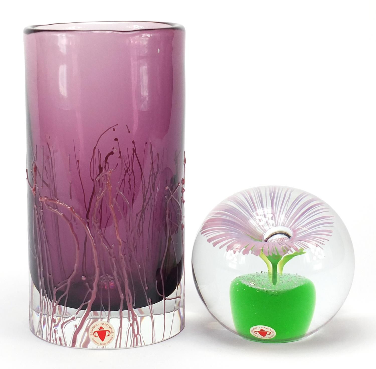 Beranek Czechoslovakian amethyst glass vase and paperweight signed Valner & Kouril, the vase 19cm - Image 2 of 5