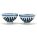 Pair of Chinese blue and white porcelain bowls hand painted with flowers, four figure character