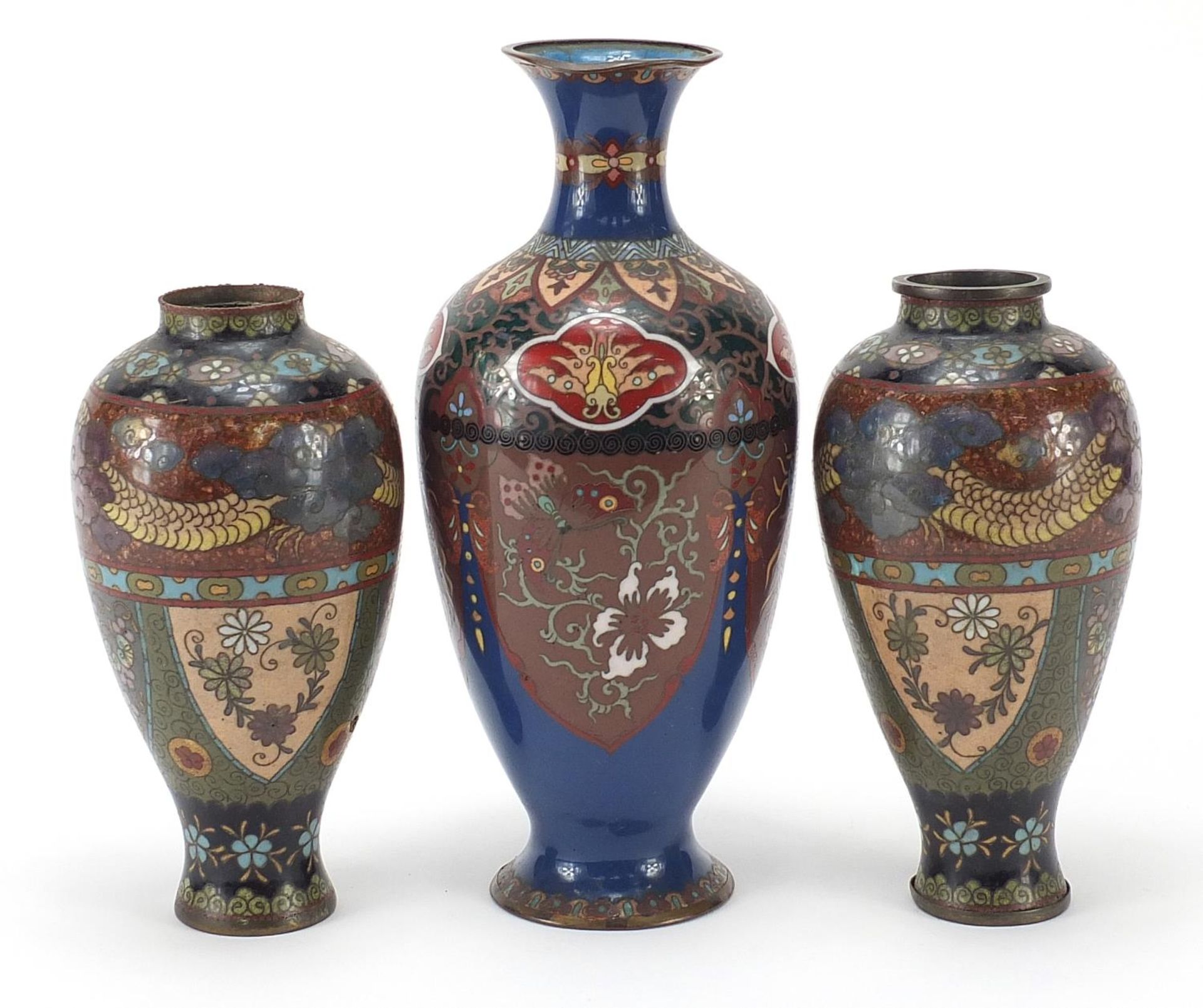 Three Japanese cloisonne vases including a pair the largest 25cm high - Image 2 of 3