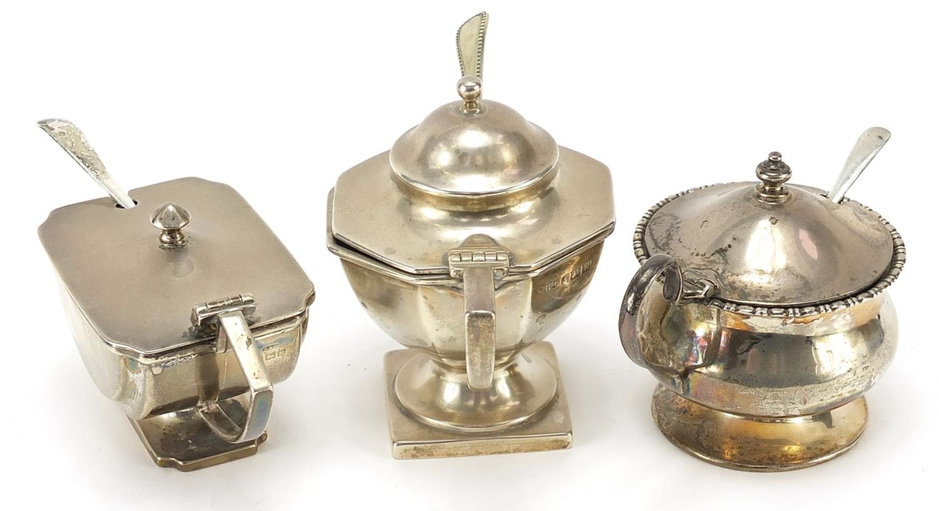 Three Edwardian and later silver mustards with blue glass liners, two with silver spoons and one - Image 2 of 5