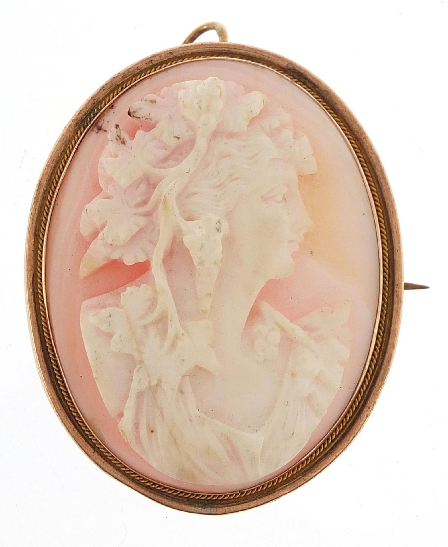 Unmarked gold cameo maiden head brooch pendant, 5.2cm high, 20.0g