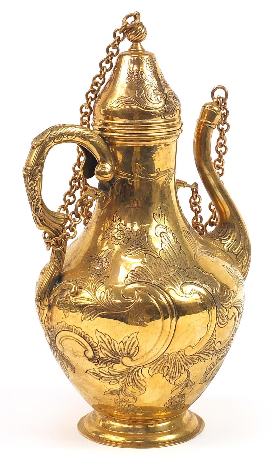 Turkish Tombak ewer engraved with flowers, 37cm high - Image 2 of 3