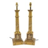 Pair of Regency style table lamps hand painted in the chinoiserie manner with figures, 59cm high