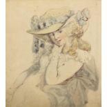 Portrait of a lady wearing a hat, 18th/19th century ink and watercolour, indistinctly signed in