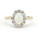 9ct gold cabochon opal and diamond ring, size O/P, 1.9g
