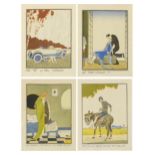 After Ettore Tito - Figures in interiors, and two others, set of four Art Deco stencils in colour