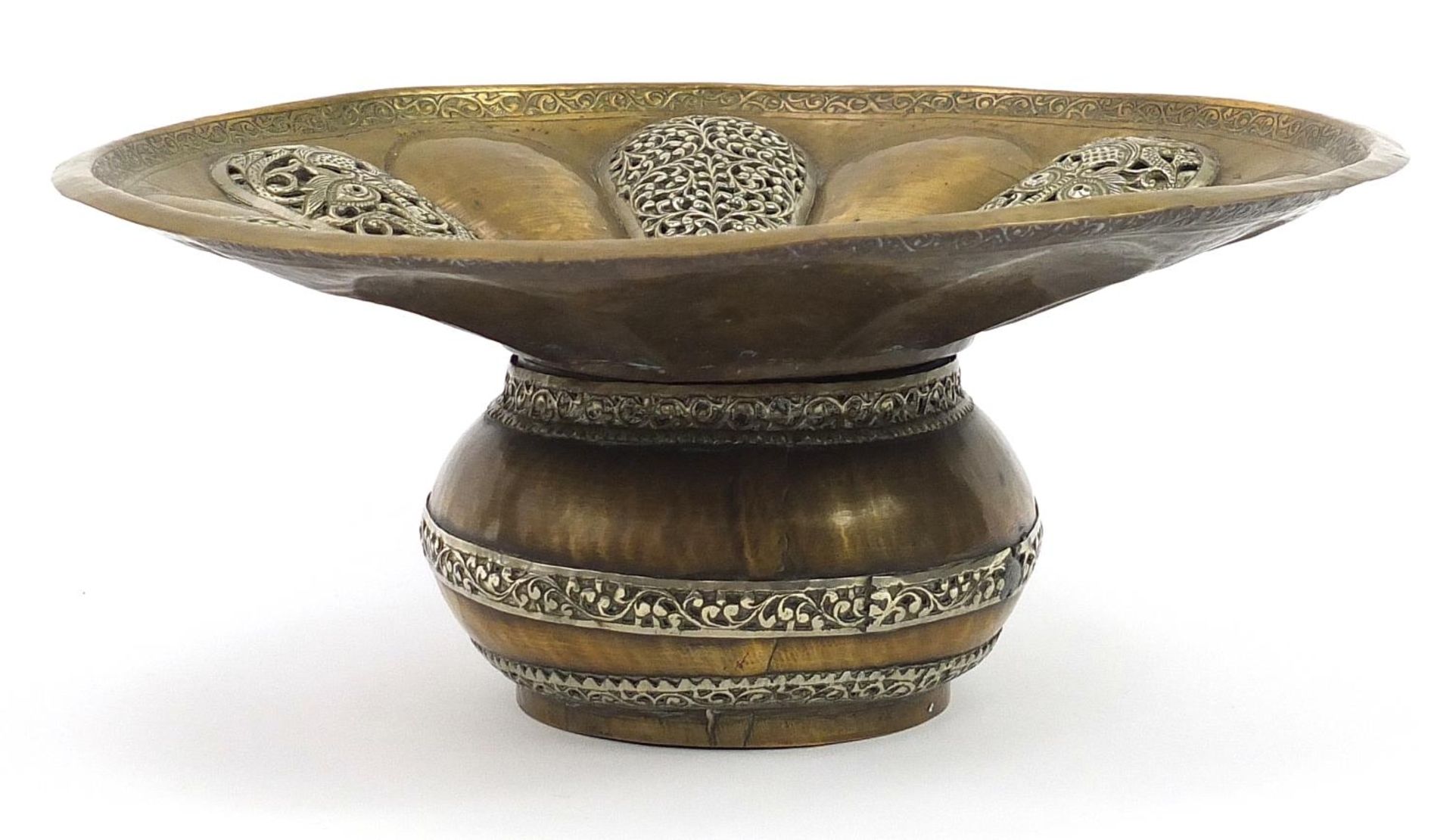 Islamic bronze incense burner with silver overlay and pierced lid, 31cm in diameter - Image 2 of 4