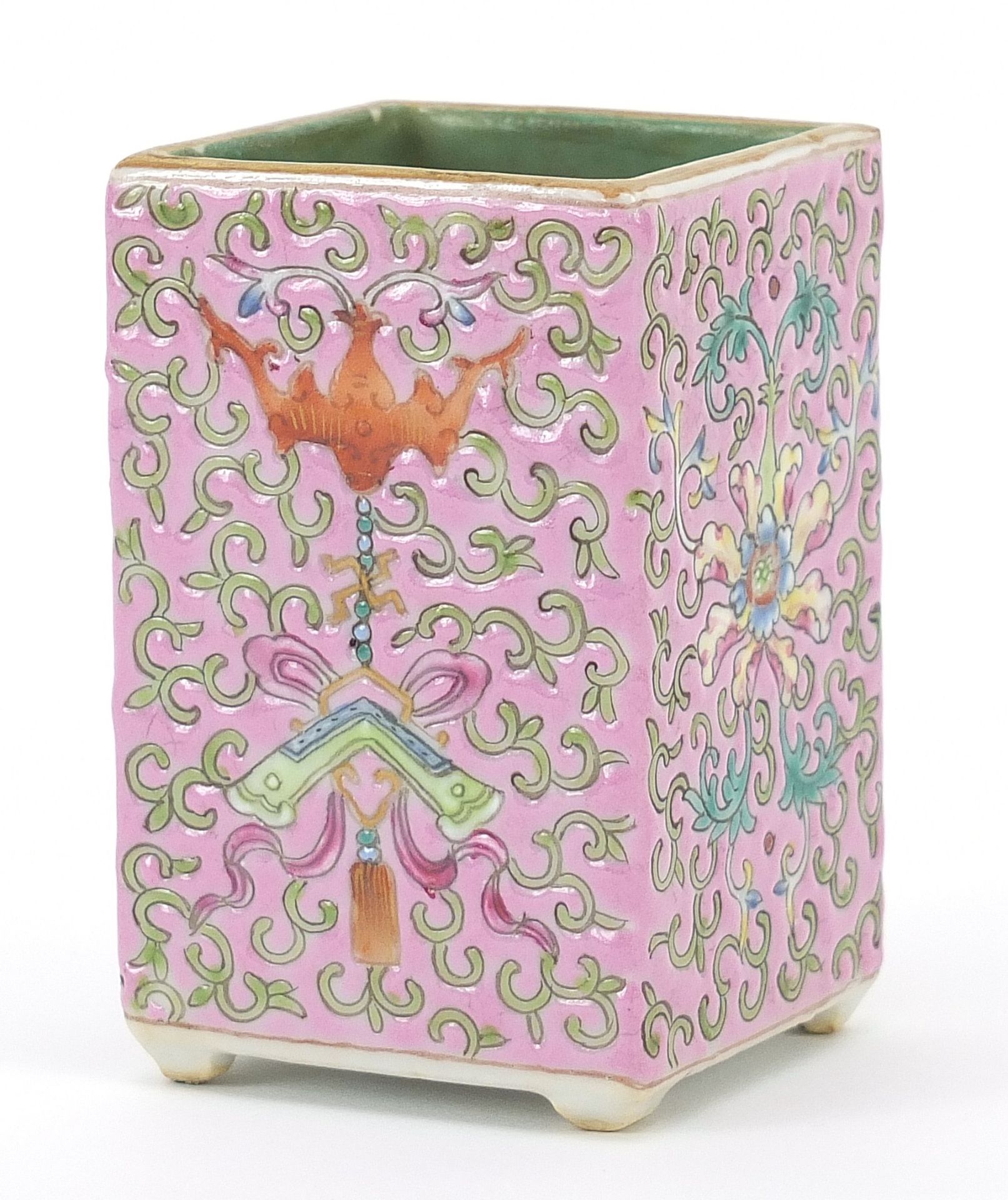 Chinese porcelain pink ground square section brush pot hand painted with bats and flower heads