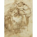 Two females, antique Old Master school ink on paper, signed with monogram E R and inscribed
