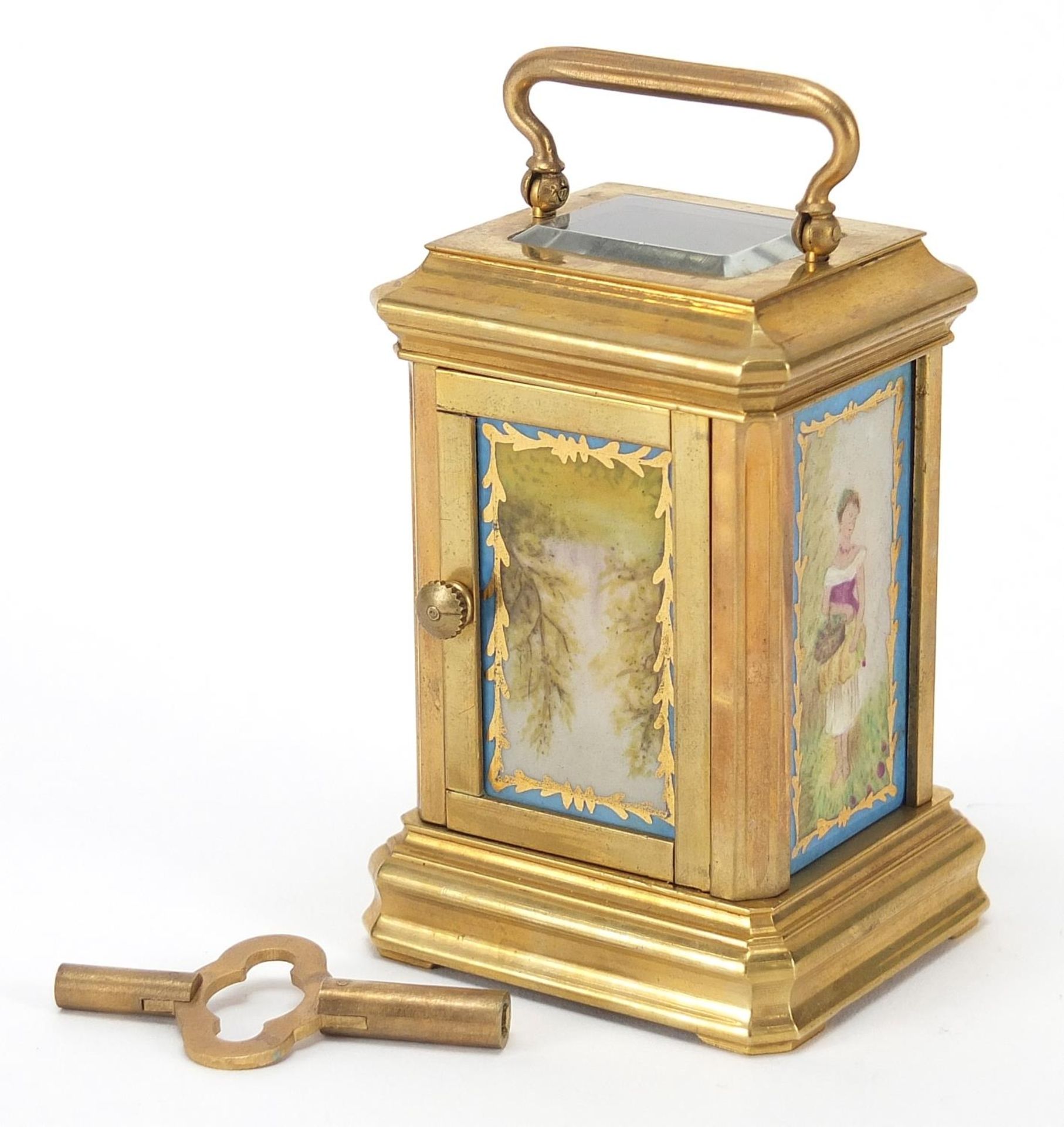 Miniature brass cased carriage clock with Sevres style panels, 8cm high - Bild 2 aus 4
