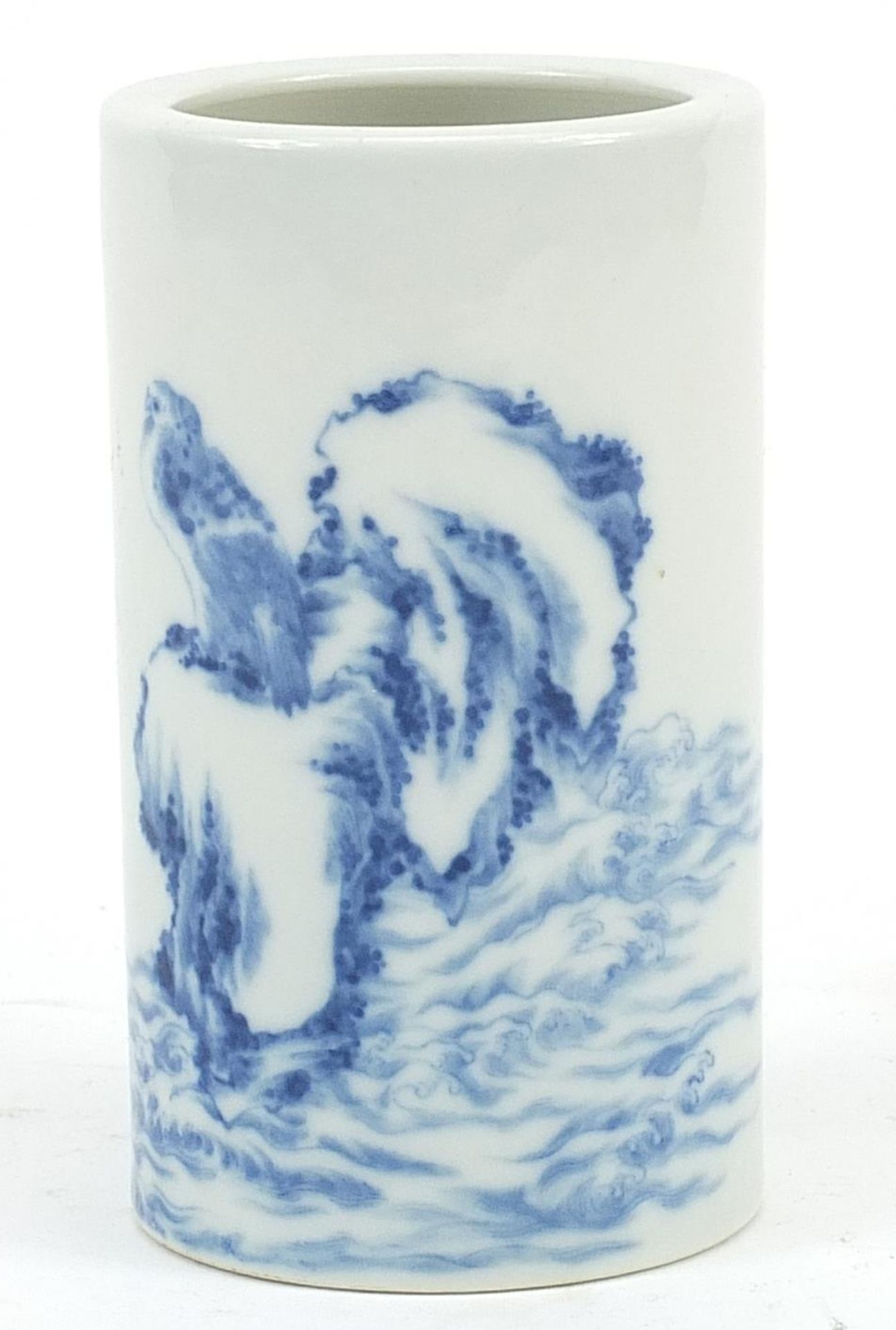 Chinese blue and white porcelain cylindrical brush pot hand painted with waves, character marks to