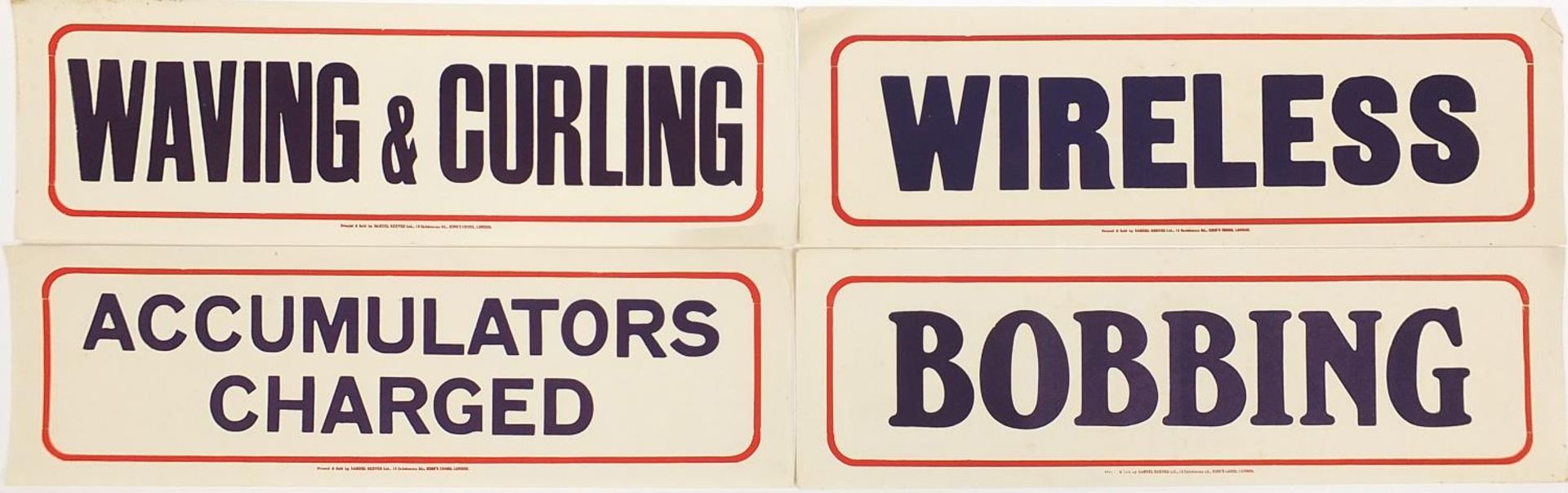 Four vintage lithographic shop advertising signs printed and sold by Samuel Reeves Ltd of Kings