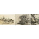 Wooded landscapes and cottage, three antique etchings including one in the manner of Thomas