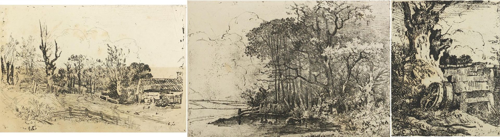 Wooded landscapes and cottage, three antique etchings including one in the manner of Thomas