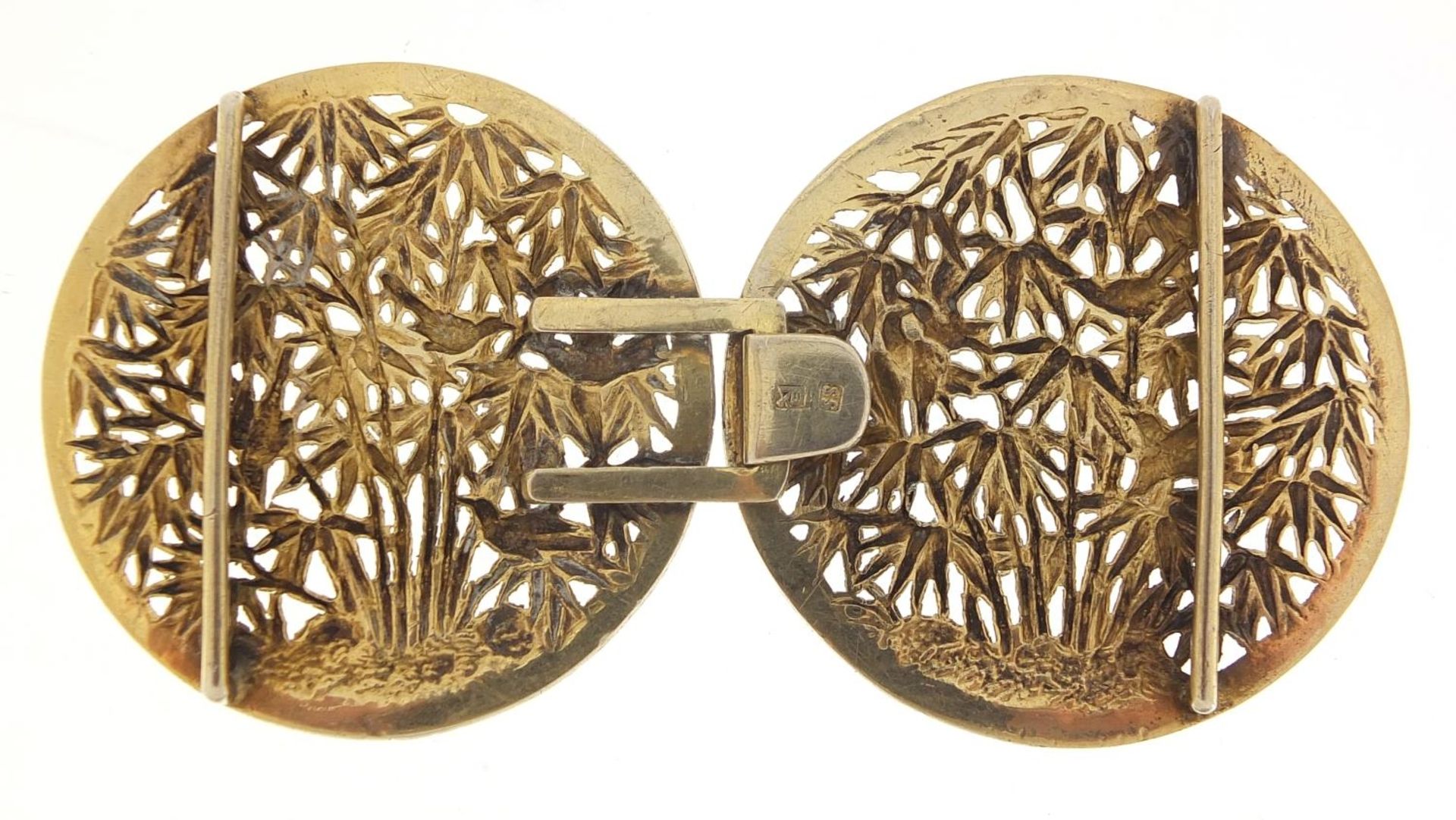 Chinese silver gilt two piece buckle, pierced and embossed with birds amongst bamboo grove, possibly - Image 4 of 5