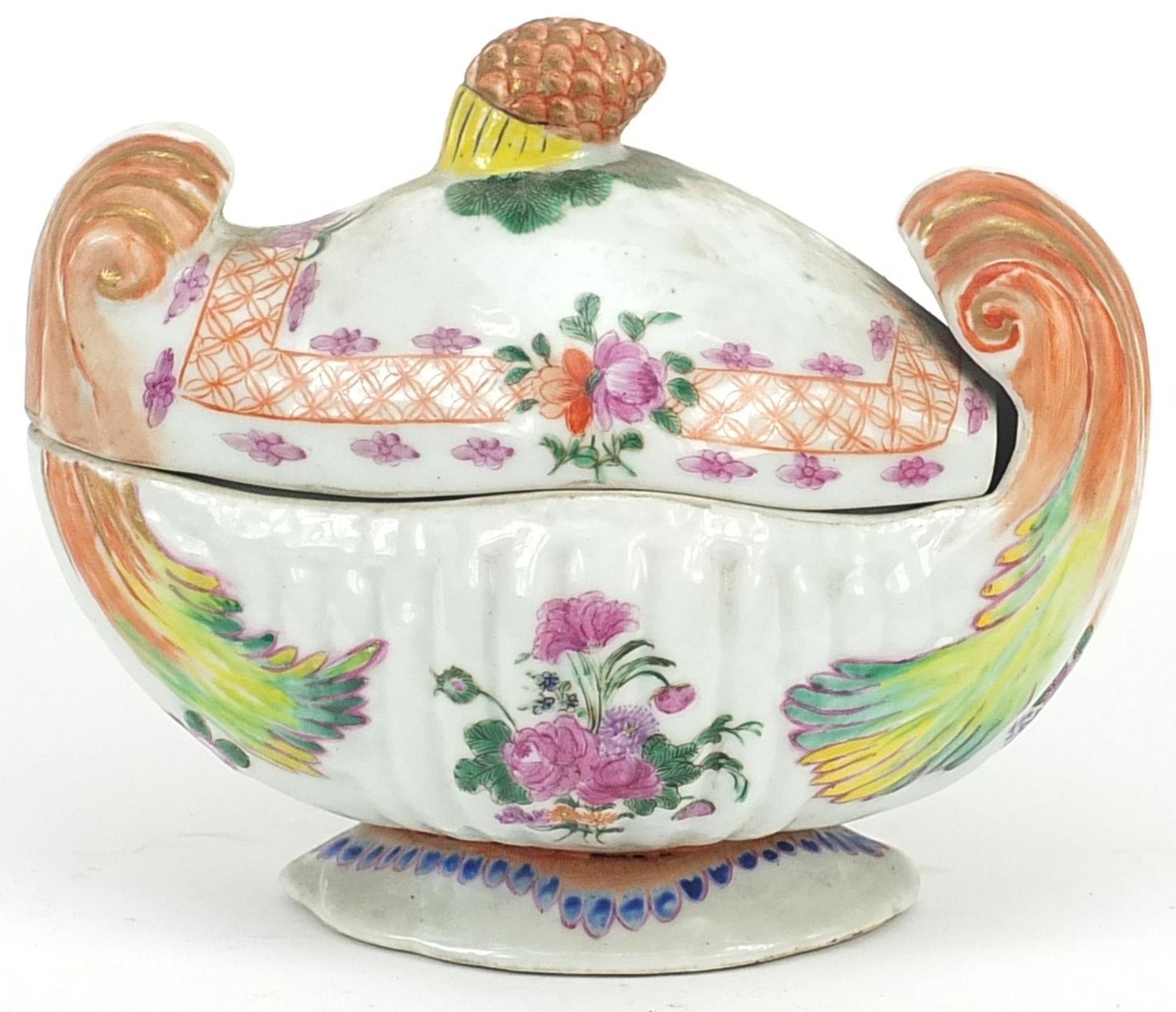 Chinese porcelain sauce tureen with pineapple finial hand painted in the famille rose palette with