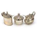 Three Victorian and later silver mustards with blue glass liners and silver plated spoons, various
