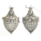 Pair of ornate silvered metal chandeliers, 40cm high