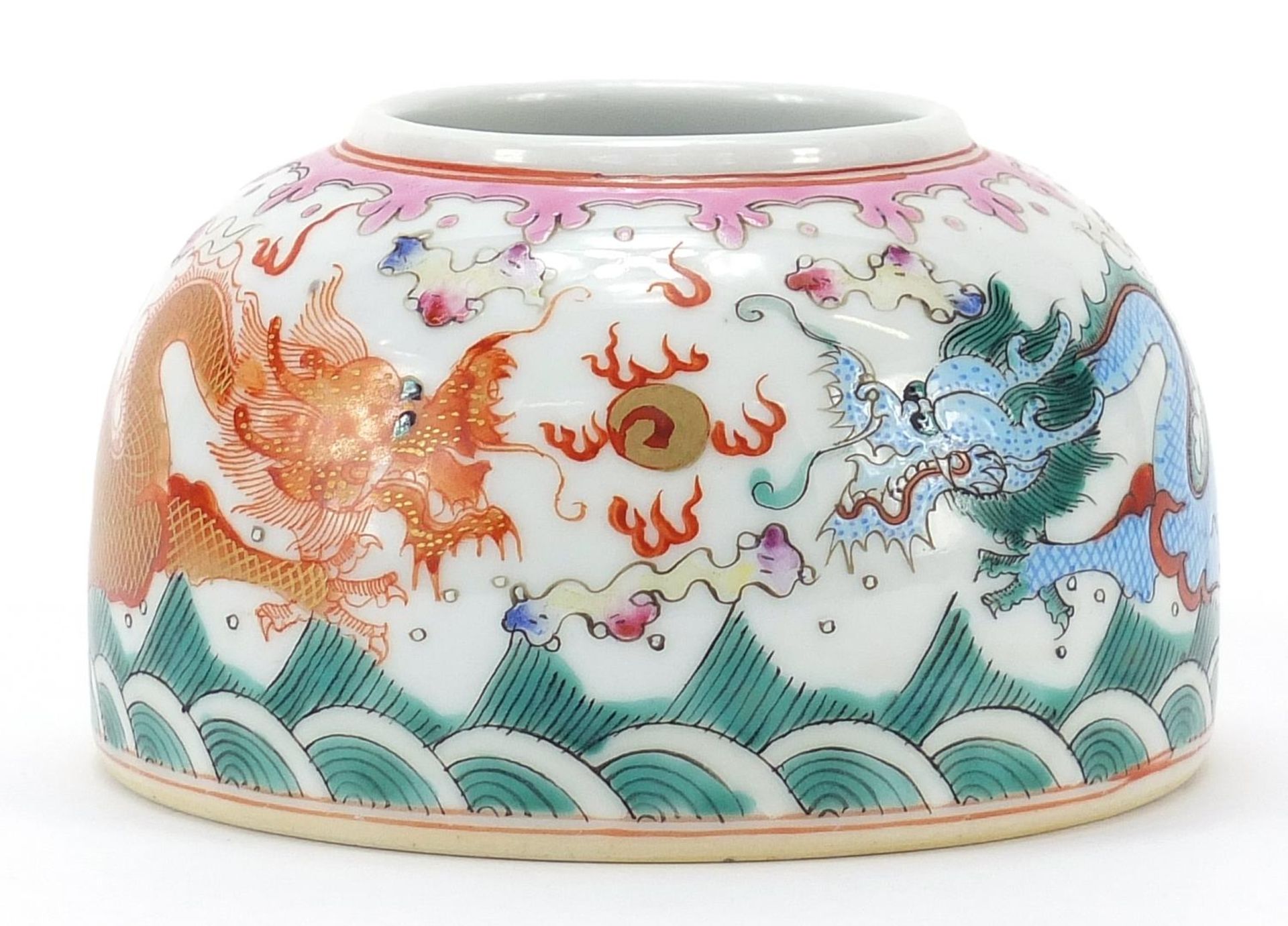 Chinese porcelain beehive water pot hand painted in the famille rose palette with two dragons