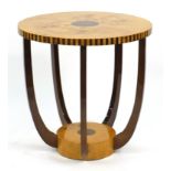 Art Deco style bird's eye maple and walnut effect occasional table with under tier, 60cm high x 59.