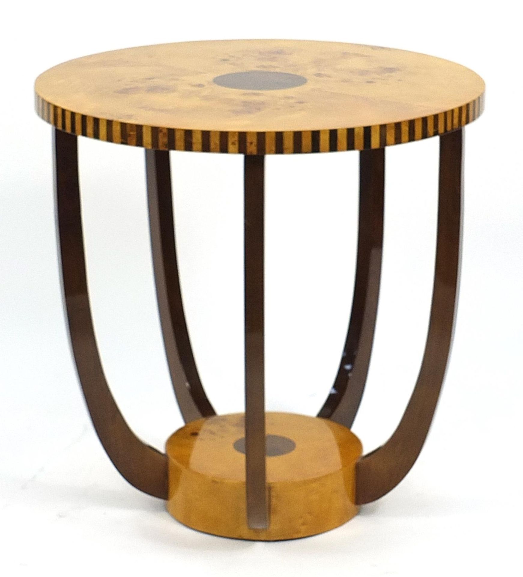 Art Deco style bird's eye maple and walnut effect occasional table with under tier, 60cm high x 59.