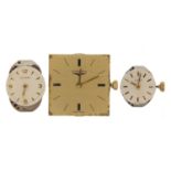 Longines wristwatch movement and two ladies Eterna wristwatch movements, the largest 23mm wide