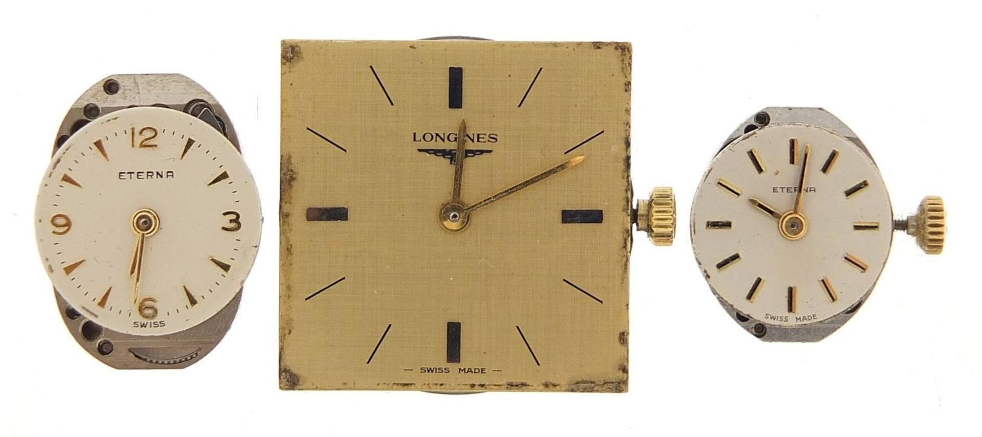 Longines wristwatch movement and two ladies Eterna wristwatch movements, the largest 23mm wide