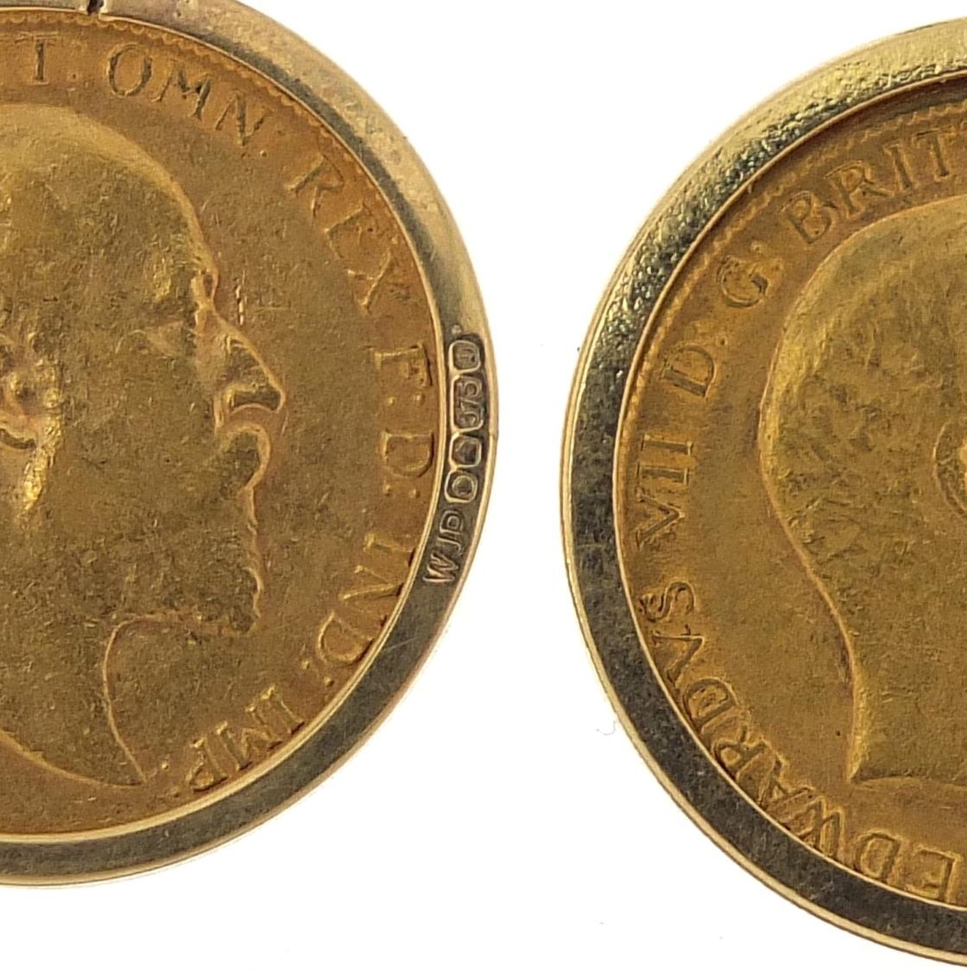 Two Edward VII gold half sovereigns comprising 1907 and 1908, each with 9ct gold earring mounts, 4. - Image 3 of 3